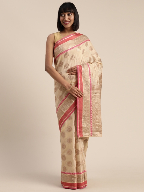 

Mitera Off-White & Golden Cotton Blend Woven Design Kanjeevaram Saree