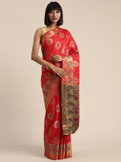 

Mitera Red & Gold-Toned Poly Silk Embellished Paithani Saree