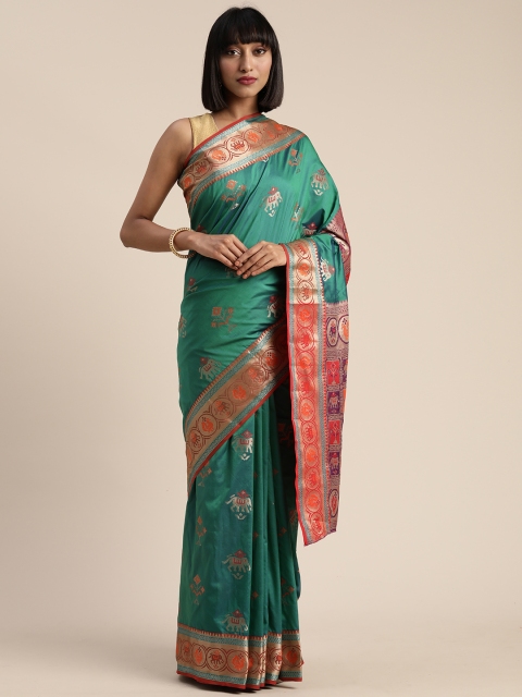 

Mitera Green & Orange Poly Silk Woven Design Banarasi Saree