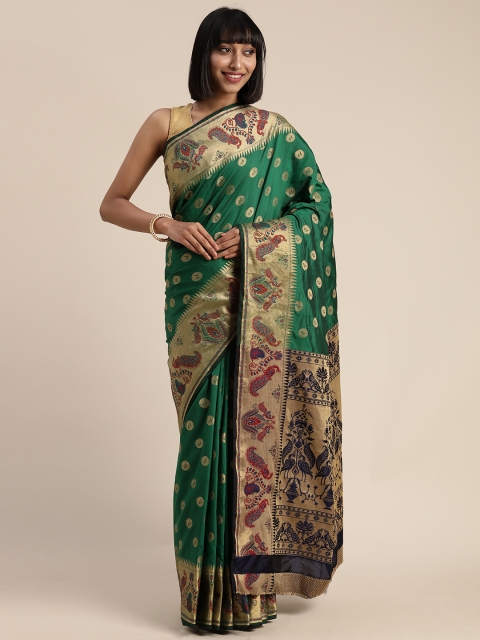 

Mitera Green & Gold-Toned Poly Silk Woven Design Paithani Saree