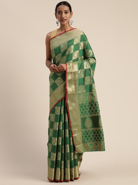 

Mitera Green & Gold-Toned Poly Silk Woven Design Patola Saree