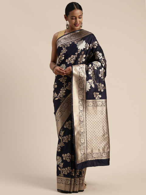 

Mitera Navy Blue & Gold-Toned Poly Silk Woven Design Banarasi Saree