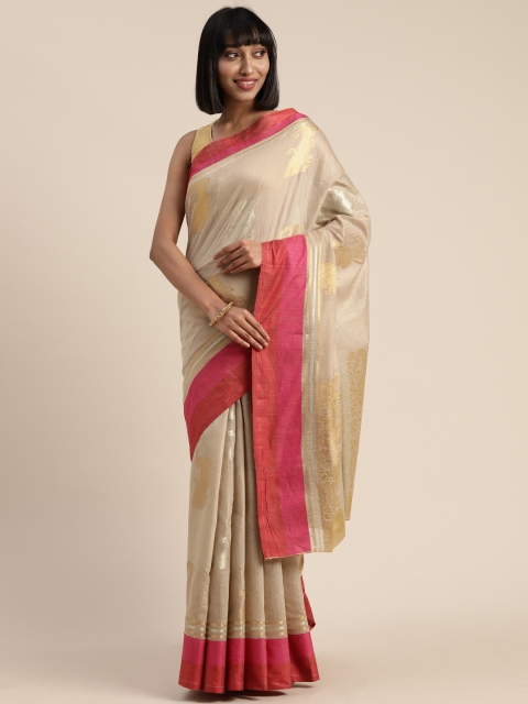 

Mitera Tan & Gold-Toned Cotton Blend Embellished Paithani Saree