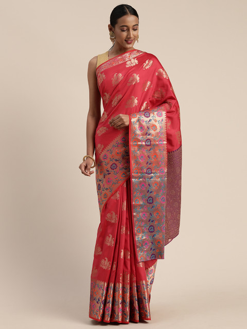 

Mitera Red & Gold-Toned Poly Silk Woven Design Banarasi Saree