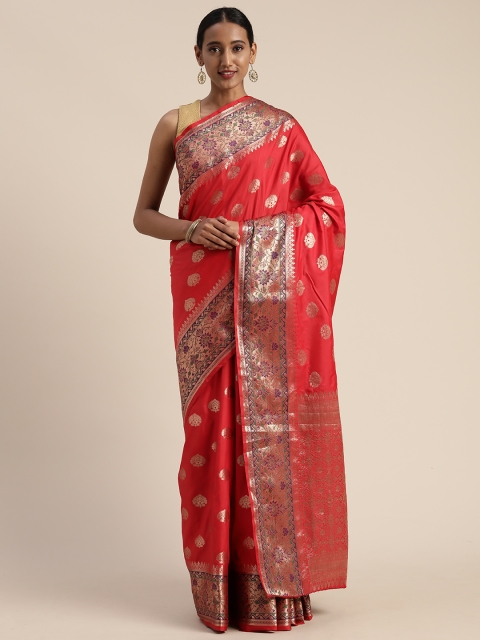 

Mitera Red & Gold-Toned Poly Silk Woven Design Banarasi Saree