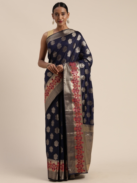 

Mitera Navy Blue & Golden Poly Silk Woven Design Banarasi Saree