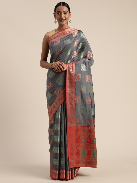 

Mitera Grey & Gold-Toned Poly Silk Woven Design Banarasi Saree