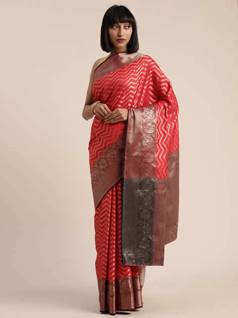 

Mitera Red & Gold-Toned Poly Silk Woven Design Banarasi Saree
