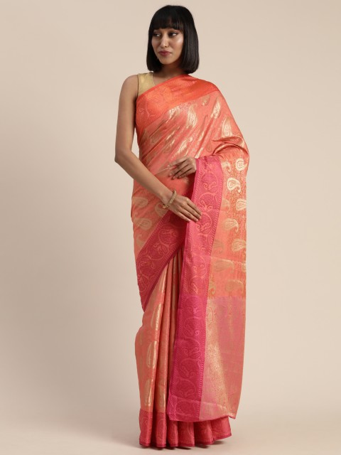 

Mitera Peach-Coloured & Pink Poly Silk Woven Design Banarasi Saree