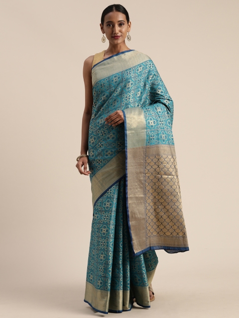 

Mitera Blue & Gold-Toned Poly Silk Woven Design Patola Saree
