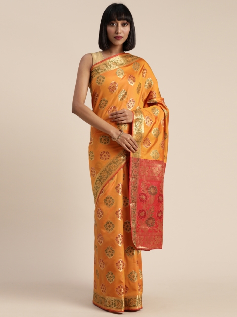 

Mitera Orange & Golden Poly Silk Woven Design Kanjeevaram Saree