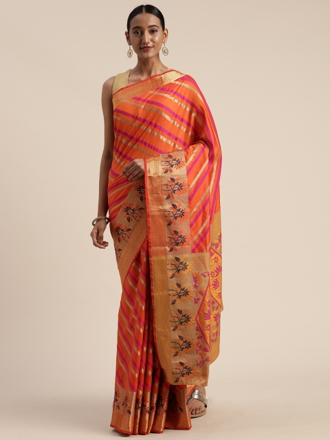 

Mitera Orange & Gold-Toned Poly Silk Woven Design Leheriya Saree
