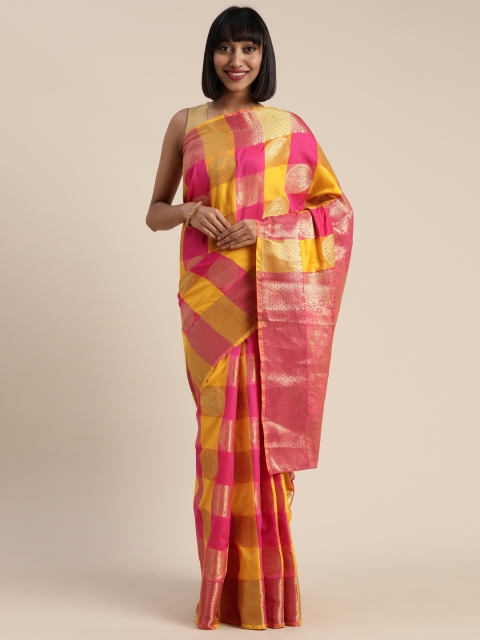 

Mitera Pink & Yellow Poly Silk Checked Patola Saree