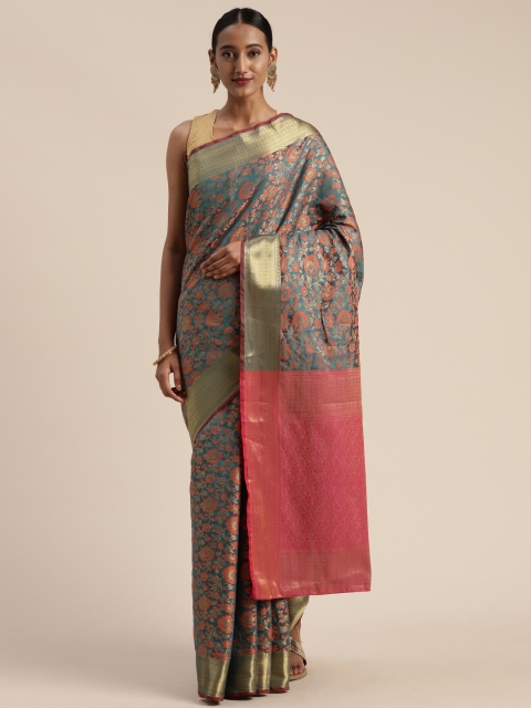 

Mitera Teal Green & Red Poly Silk Woven Design Banarasi Celebrity Saree
