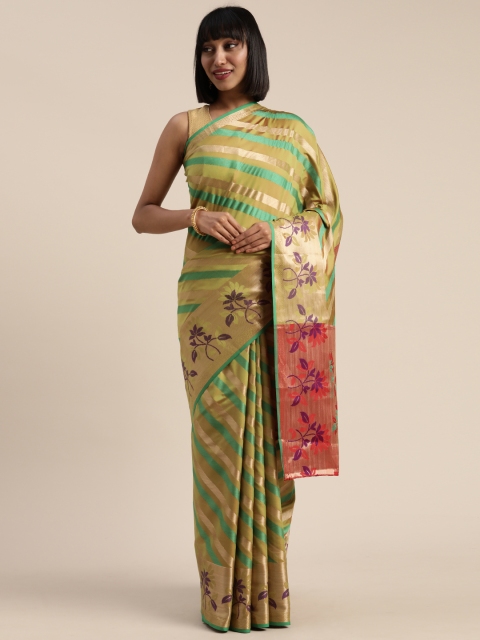 

Mitera Green & Golden Poly Silk Striped Banarasi Saree