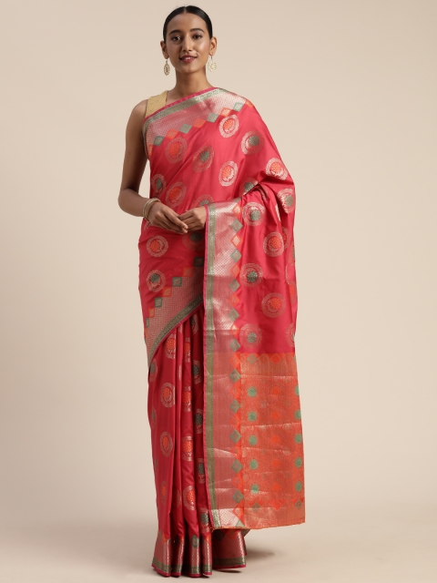 

Mitera Pink & Gold-Toned Poly Silk Woven Design Banarasi Saree