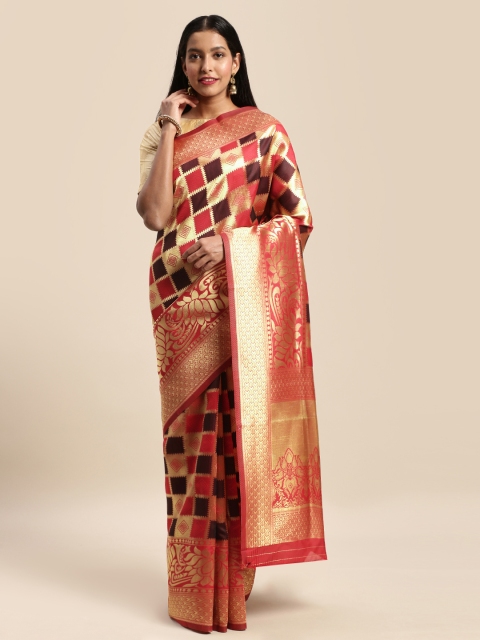 

Mitera Red & Gold-Toned Art Silk Checked Banarasi Saree