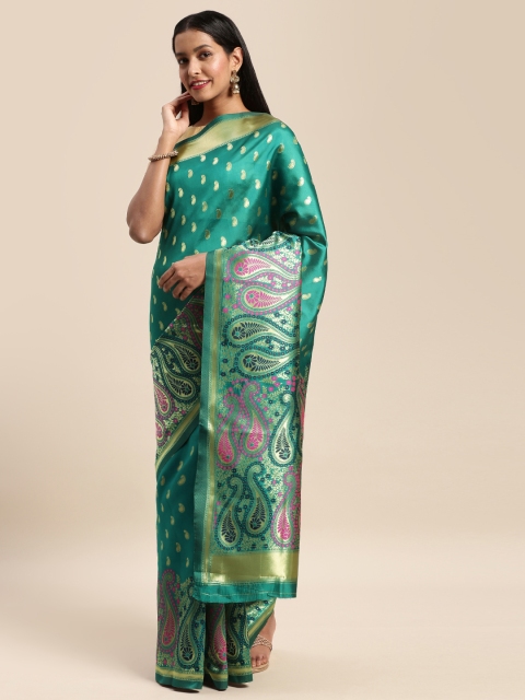 

Mitera Green & Gold-Toned Art Silk Woven Design Banarasi Saree