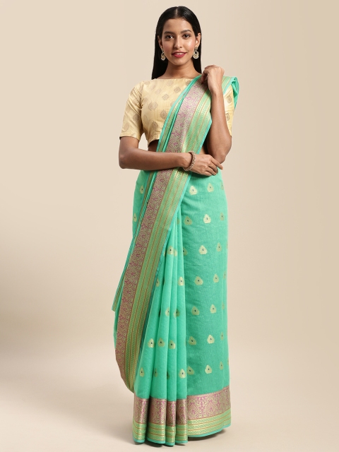 

Mitera Green & Pink Silk Cotton Woven Design Saree