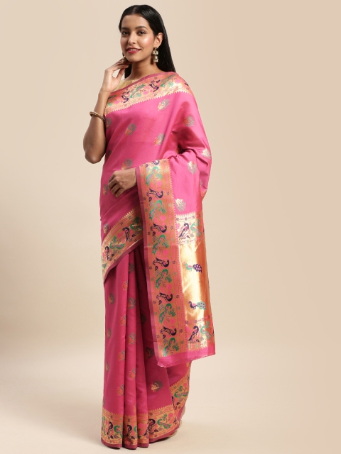 

Mitera Pink & Gold-Toned Art Silk Woven Design Banarasi Saree