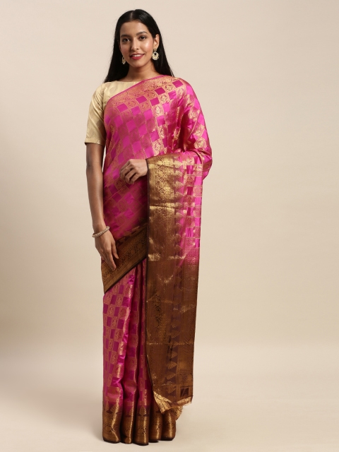 

Mitera Pink & Gold-Toned Art Silk Woven Design Banarasi Saree