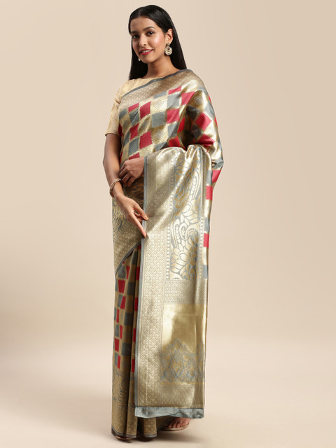 

Mitera Grey & Golden Art Silk Checked Banarasi Saree