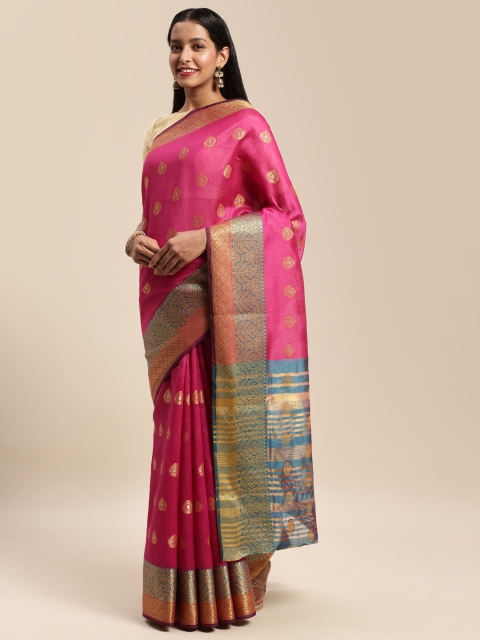 

Mitera Magenta Pink & Gold-Toned Art Silk Woven Design Banarasi Saree