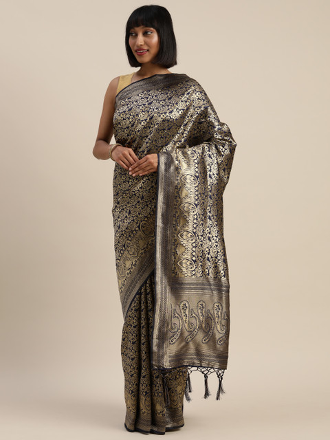 

Mitera Navy Blue & Gold-Toned Silk Blend Woven Design Kanjeevaram Saree