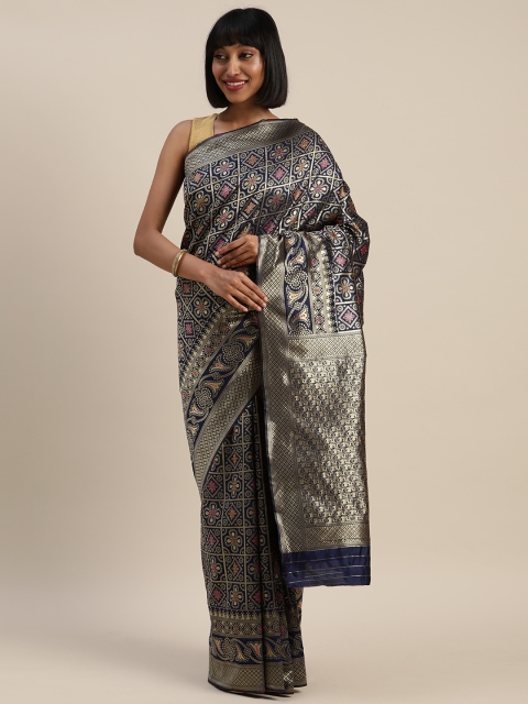 

Mitera Navy Blue & Golden Silk Blend Checked Saree
