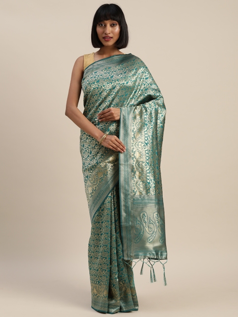 

Mitera Teal Green & Golden Silk Blend Woven Design Kanjeevaram Saree