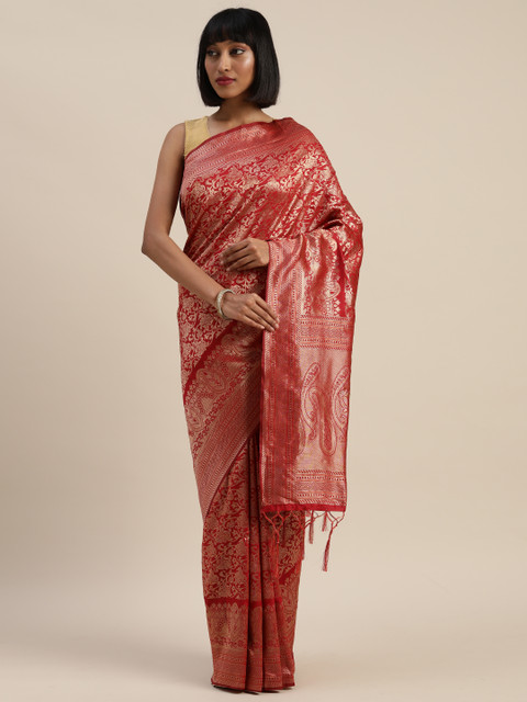

Mitera Red & Gold-Toned Silk Blend Woven Design Kanjeevaram Saree