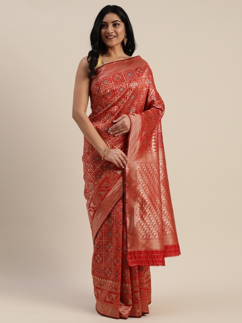 

Mitera Red & Gold-Coloured Silk Blend Checked Bandhani Celebrity Saree