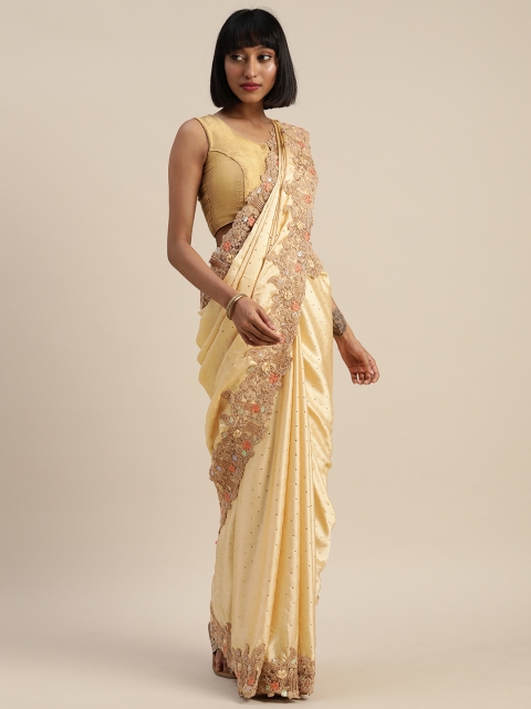 

Mitera Cream-Coloured & Golden Satin Embellished Saree