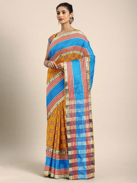 

KALINI Mustard & Blue Art Silk Checked Dharmavaram Saree