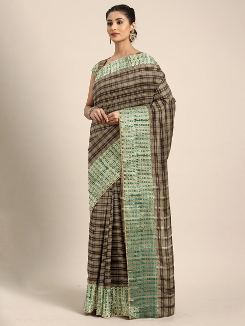 

KALINI Brown & Gold-Toned Silk Cotton Checked Saree