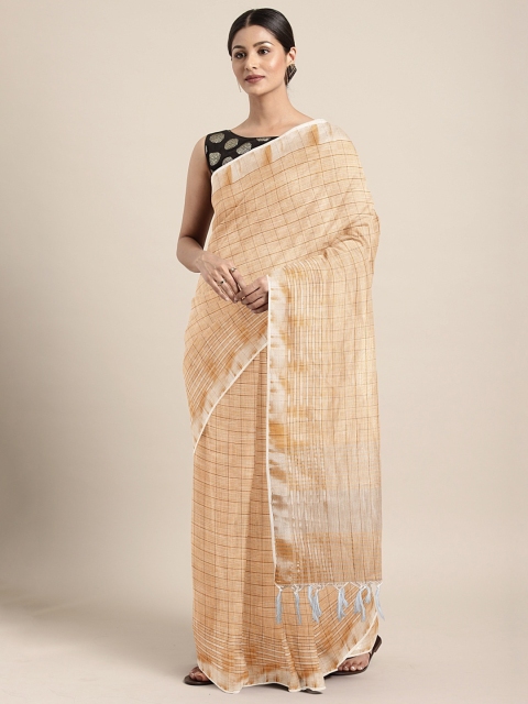 

KALINI Peach-Coloured & Brown Linen Blend Checked Kota Saree