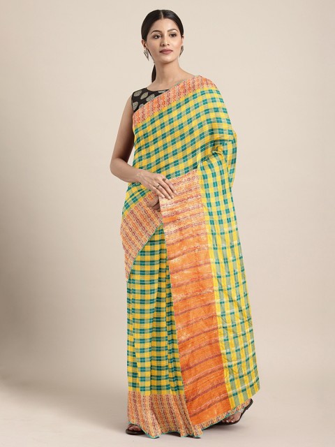

KALINI Yellow & Green Silk Cotton Checked Saree