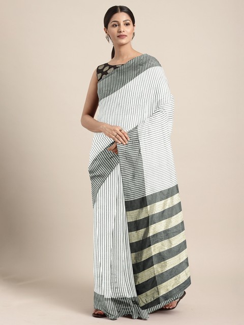 

KALINI Grey & White Linen Blend Striped Kota Saree