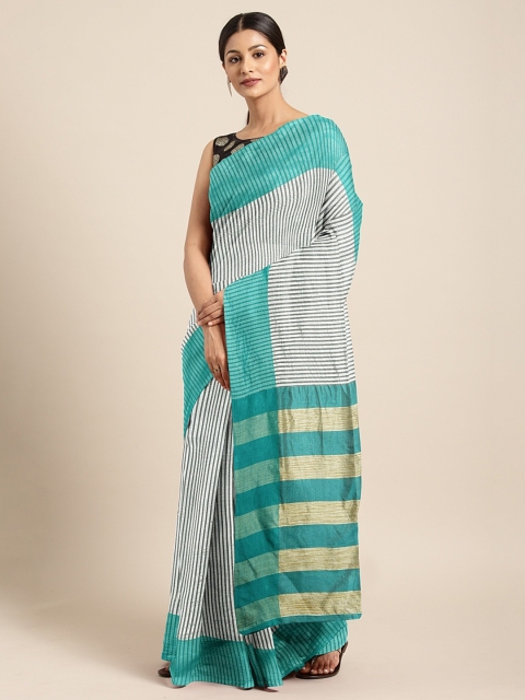 

KALINI Green & White Linen Blend Striped Kota Saree