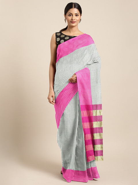 

KALINI Pink & White Linen Blend Striped Kota Saree