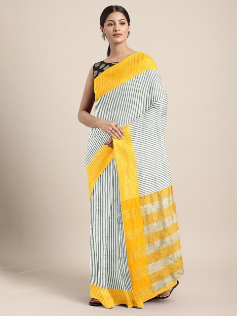 

KALINI Yellow & White Linen Blend Striped Kota Saree