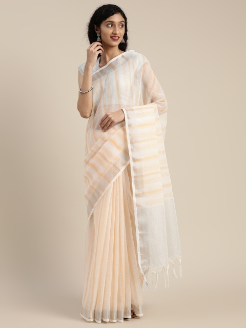 

KALINI Peach-Coloured Striped Linen Blend Saree