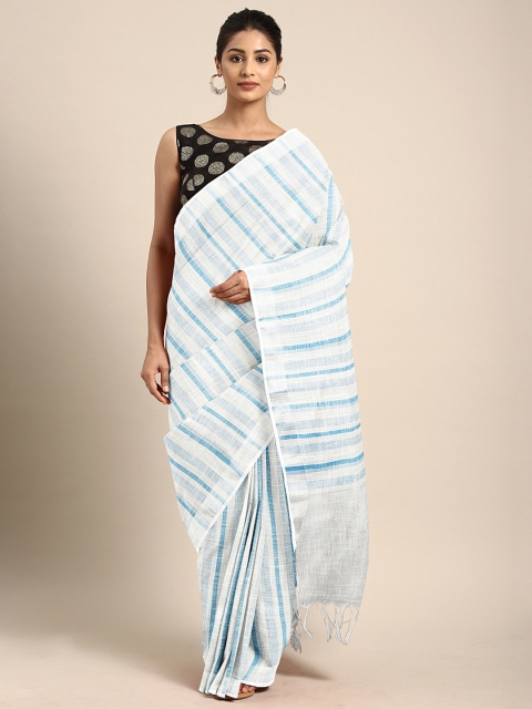 

KALINI Blue & White Linen Blend Striped Kota Saree