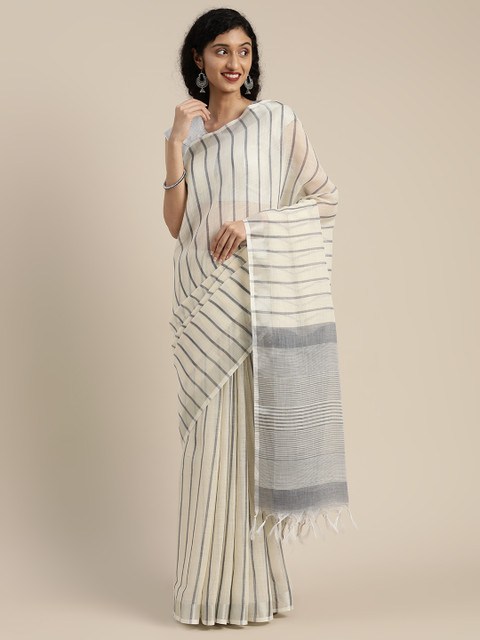 

KALINI Off-White & Black Linen Blend Striped Kota Saree