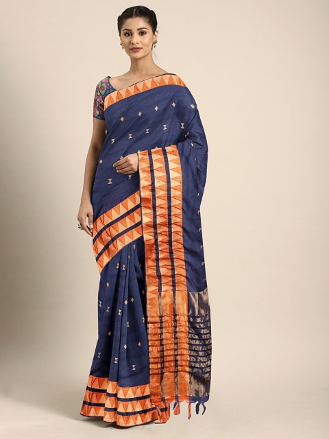 

KALINI Navy Blue & Gold-Toned Art Silk Woven Design Narayan Peth Saree