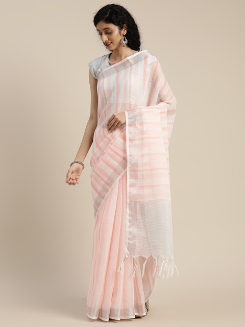 

KALINI White & Pink Linen Blend Striped Kota Saree