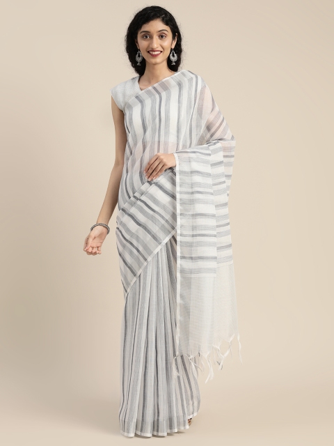

KALINI White & Black Linen Blend Striped Kota Saree
