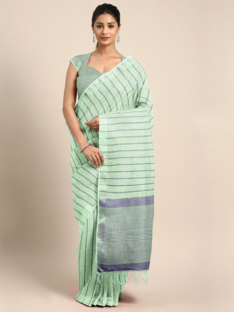 

KALINI Green & Grey Linen Blend Striped Handloom Kota Saree