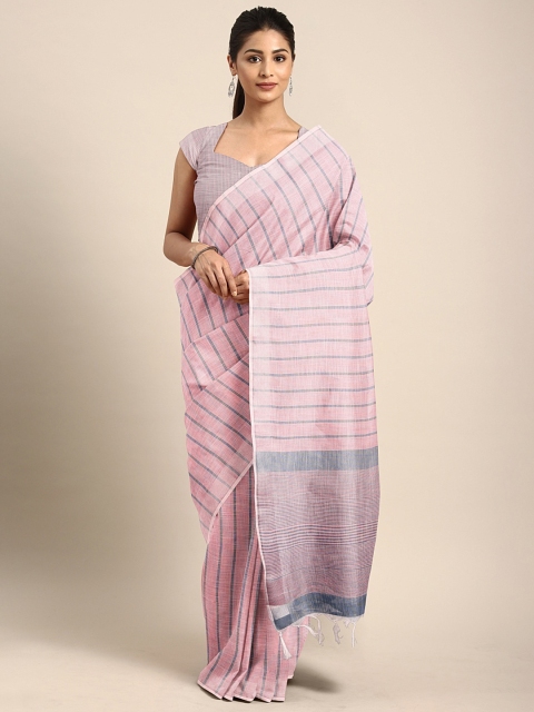 

KALINI Pink & Blue Linen Blend Striped Handloom Kota Saree