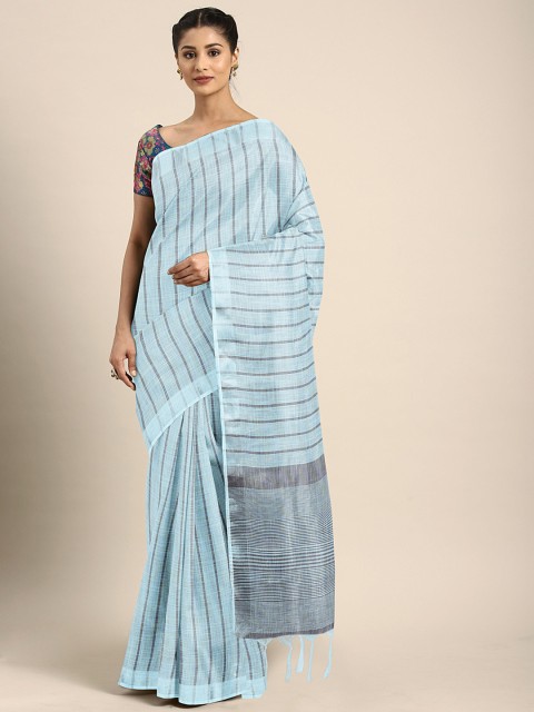 

KALINI Blue & Grey Linen Blend Striped Kota Saree
